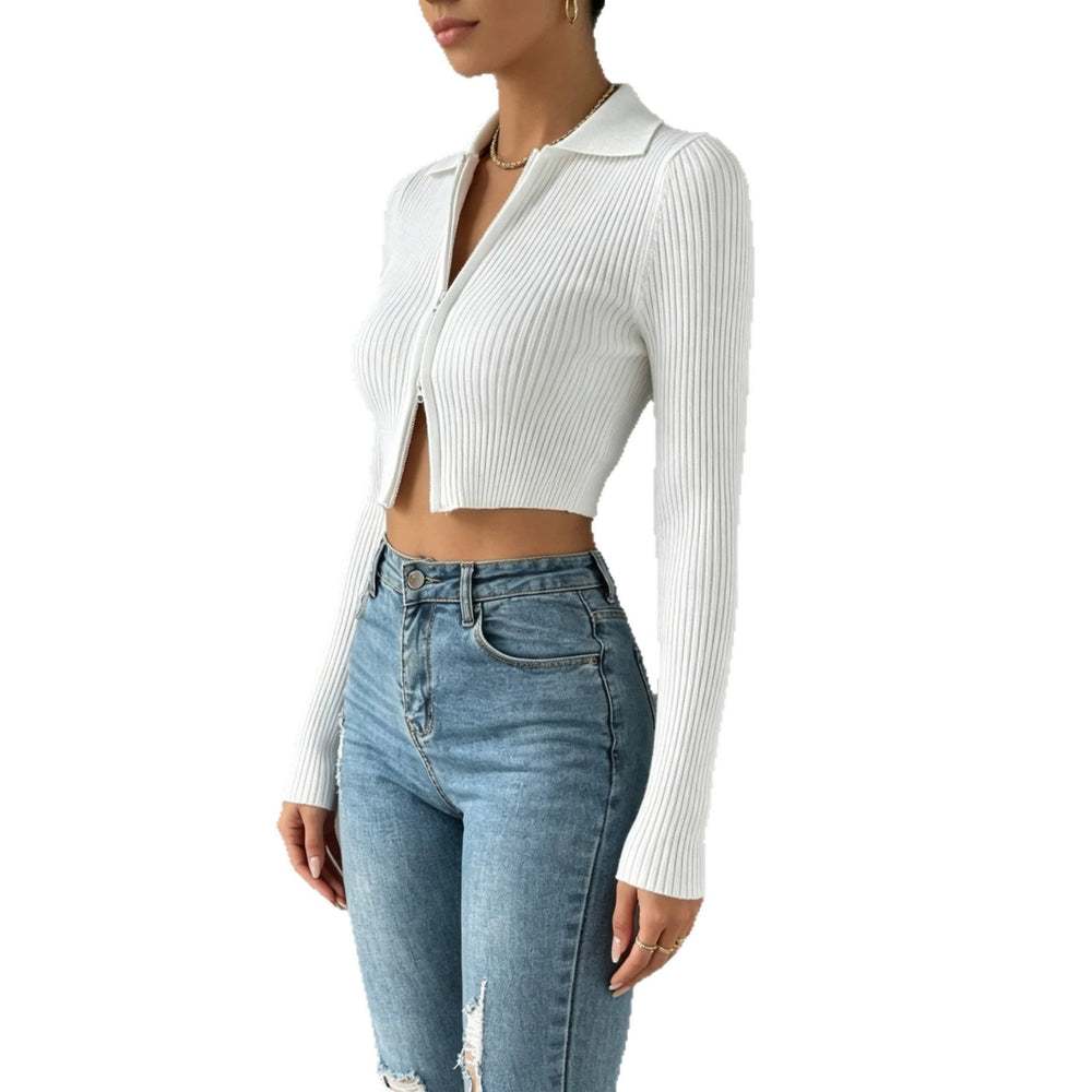 new arrival double-ended zipper knittingcardiganpure colorsilmslimming lookhigh waistcrop toplong sleeves short tops women's sweater