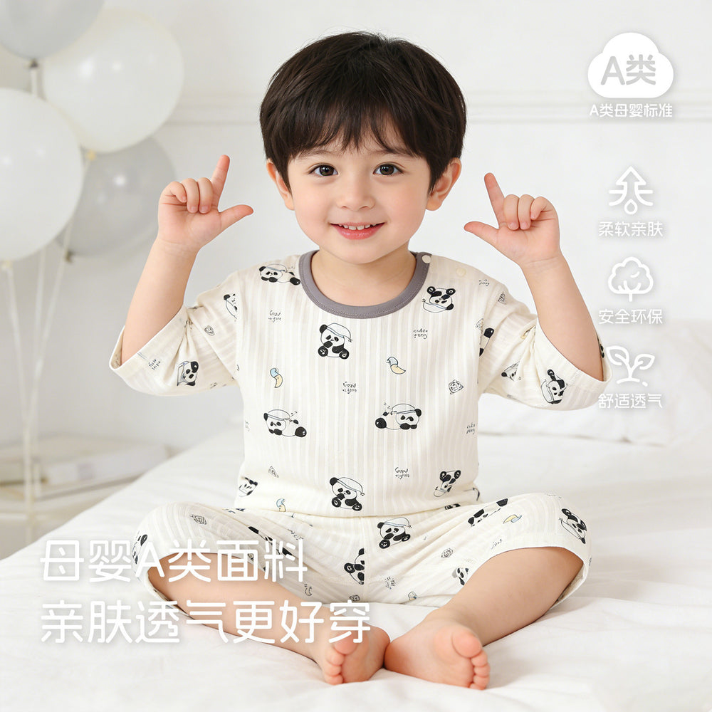 A-grade pure cotton summer lightweight pajamas, kids' loungewear, summer boys' and girls' three-quarter sleeve air conditioning suit, two-piece set