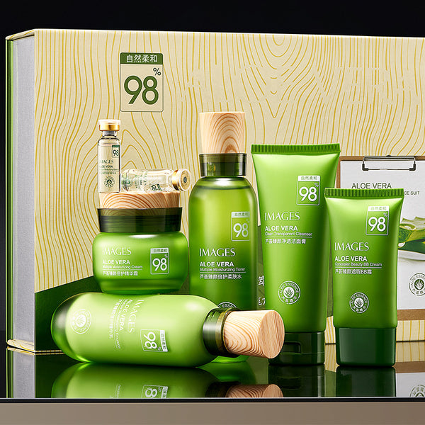 Image Beauty Aloe Vera Hydrating Beauty Seven-piece Set Small Green Bottle Cream Lotion Facial cleanser Serum Skin Care Product Set