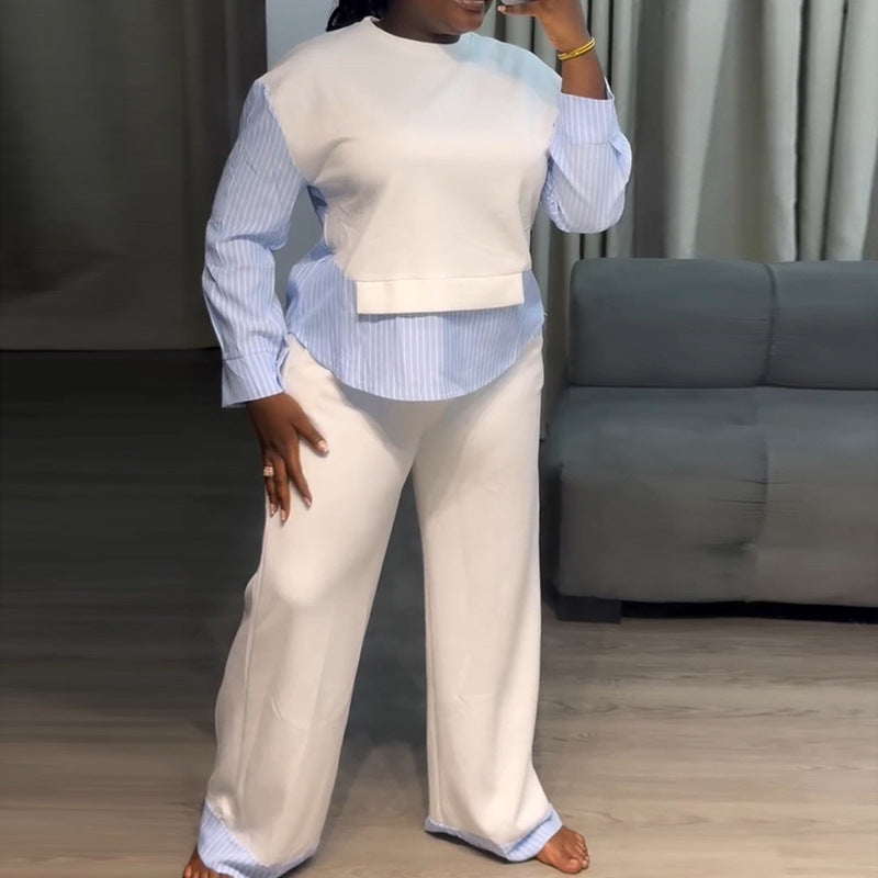 European and american cross-border women's clothing  summer new casual round neck faux two-piece sweatshirt high-waisted wide-leg pants set
