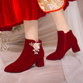 2022 new arrival engagement red chunky heel bridal shoes women's xiuhe high heels beaded wedge heel winter ankle boots