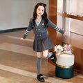 Girls' knit sweater set -  autumn collection: faux two-piece cardigan, preppy korean style, spring/autumn two-piece outfit