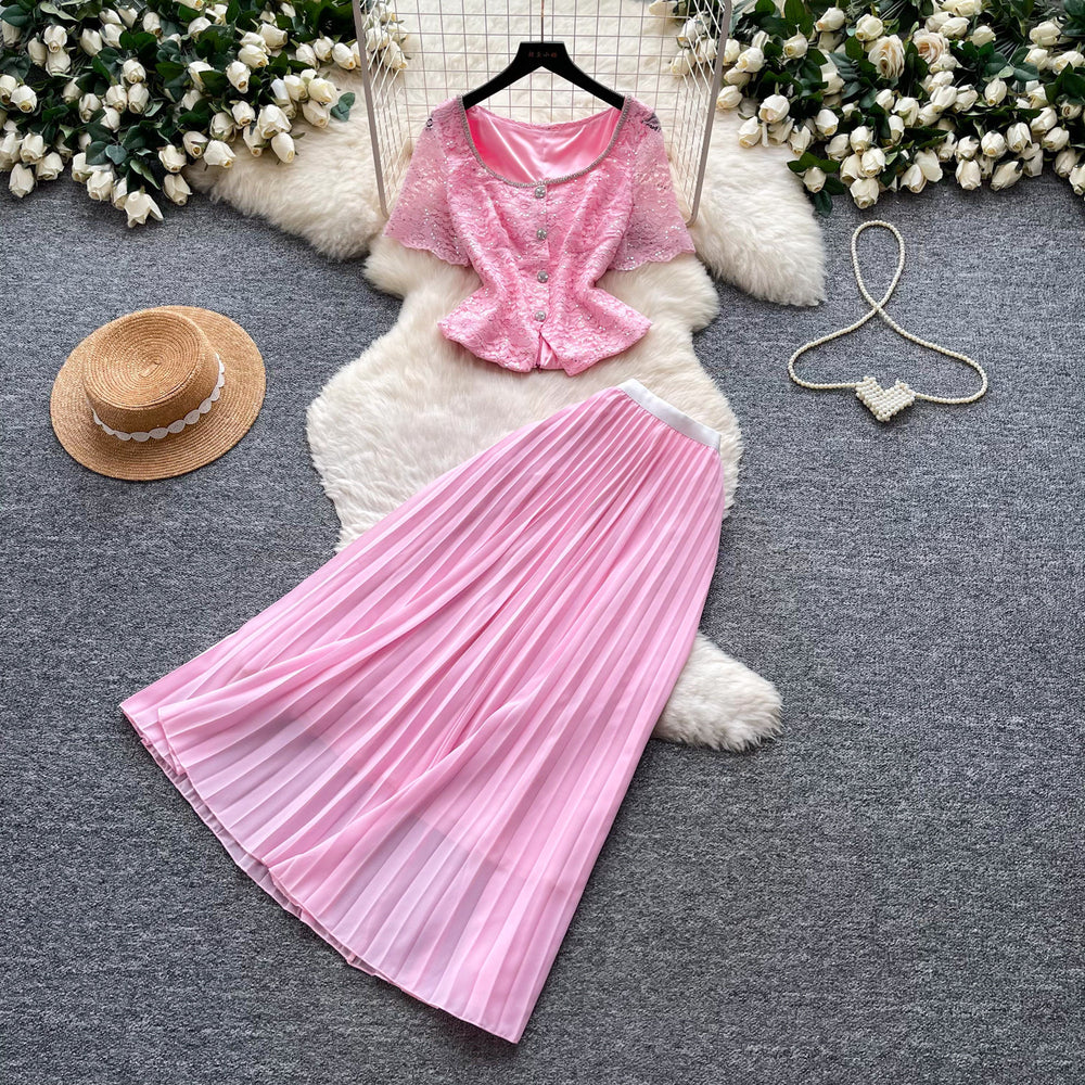 French chic lace v-neck tank top & high-waisted pleated skirt set - elegant & sophisticated summer two-piece