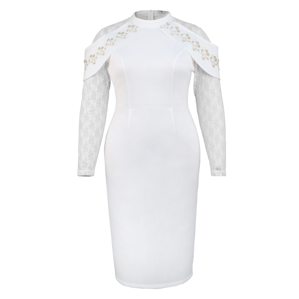 European and american design round neck party dress - lace trim long sleeve bodycon mini dress - bridesmaid dress