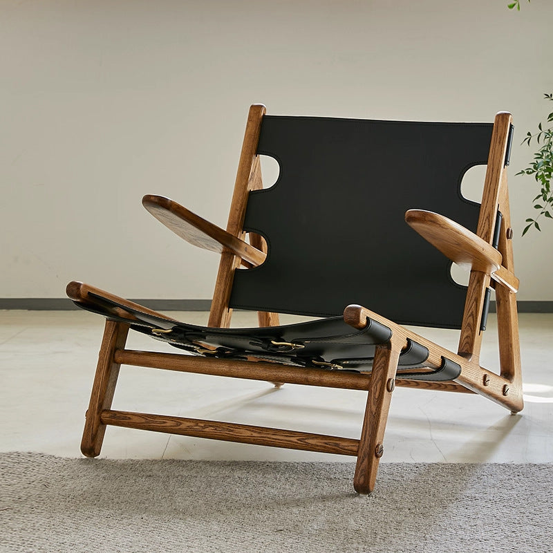 Hunting chair solid wood single sofa chair designer saddle leather casual chair living room retro chair balcony back chair