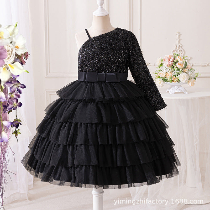 Export cross-border dress girl's oblique shoulder suspender cake skirt sequin strap bowskids princess skirt tutu skirt