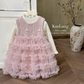 Girls' dress : thickened wool blend vest dress with fleece lining and mesh tulle tutu skirt - birthday cake dress