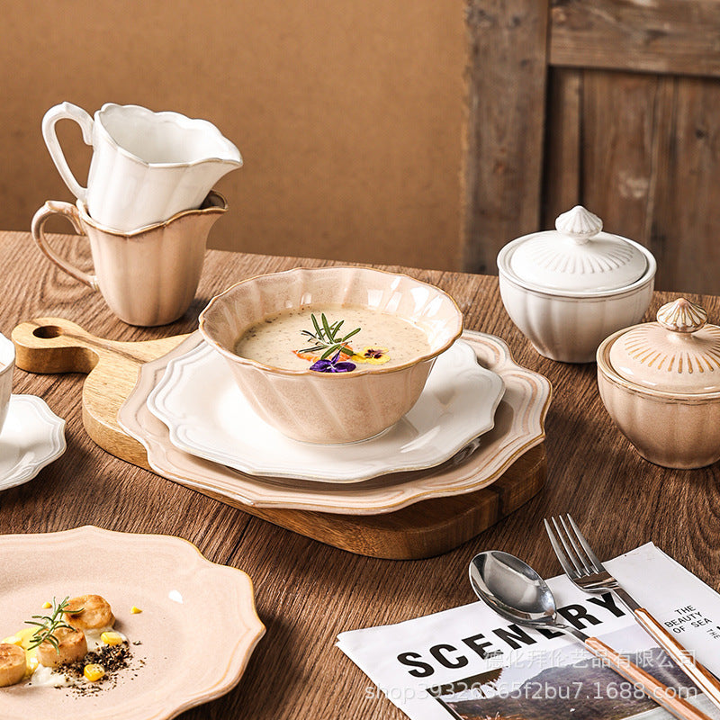 Creative retro western tableware suit restaurant for home italian stylish style grids kiln bowl plates ceramic wholesale