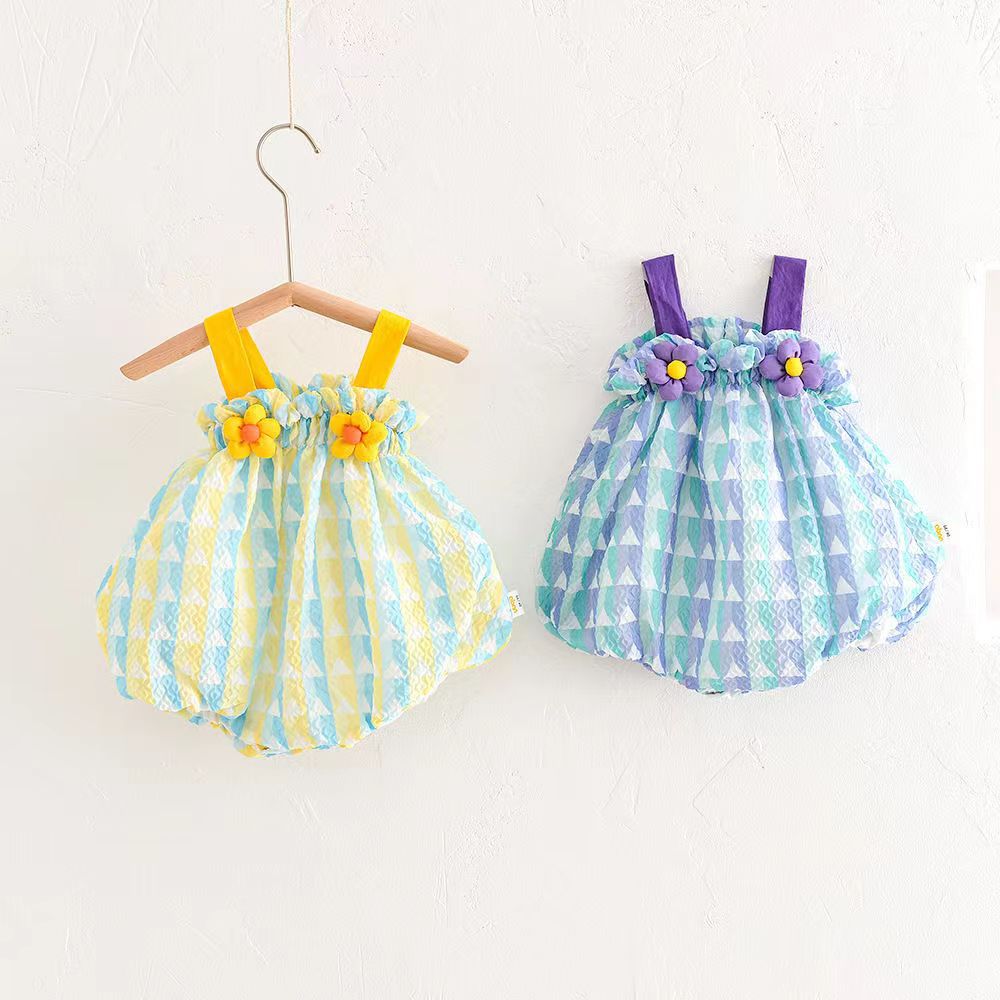 Newborn infant summer new korean style chic baby girl 3d floral striped romper with lantern sleeves - trendy bodysuit