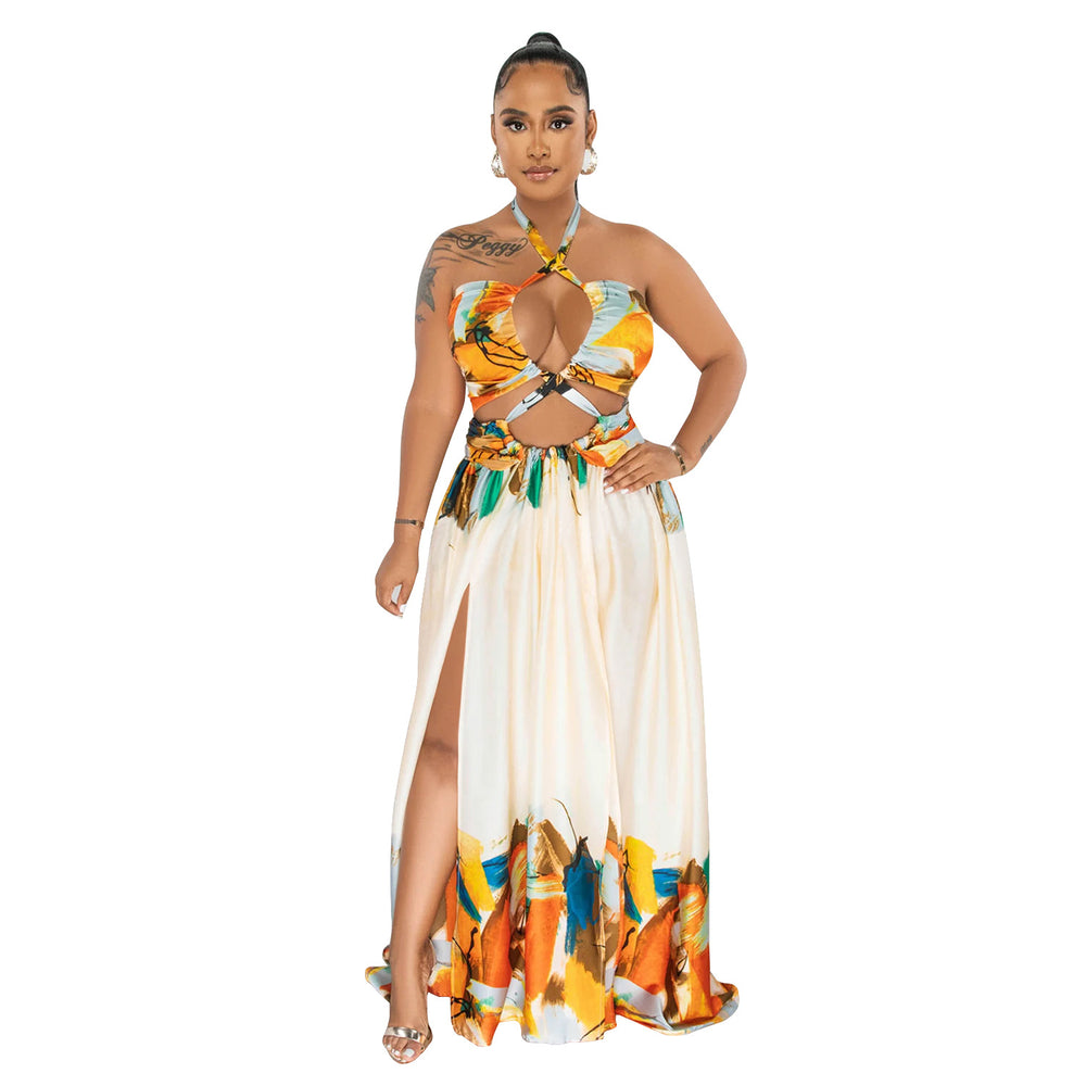C6263 cross-border   fashion women's color block tie-up sleeveless bandeau maxi dress
