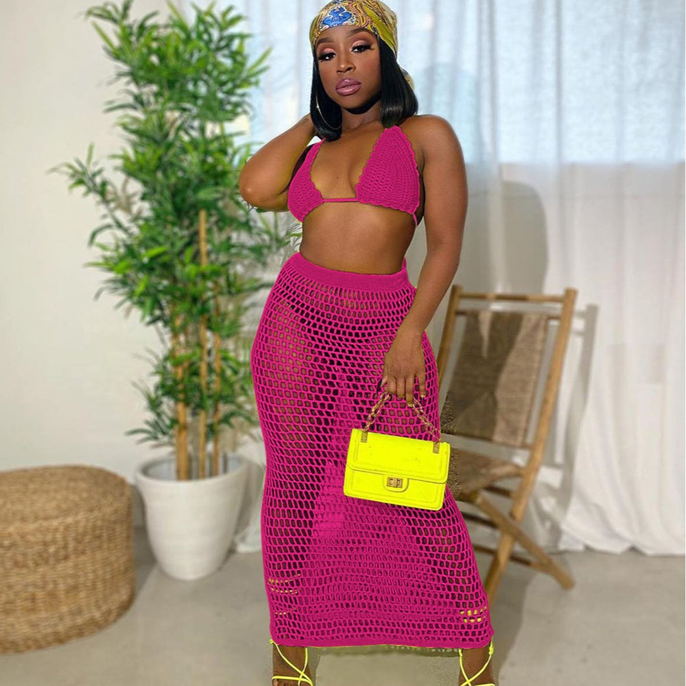 hot seller: 2020 summer new handmade knitted hollow-out beach cover-up sexy mesh see-through two-piece set