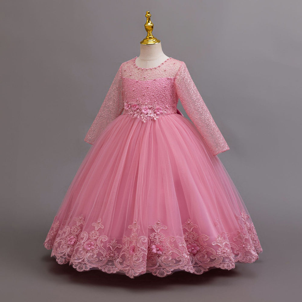 New in stock long sleeveslacekids dress wedding dress princess dress female flower girl birthday dress kids dress