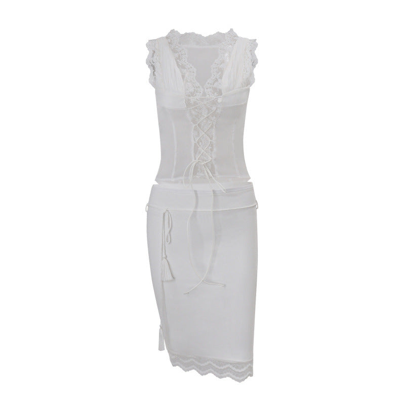 European and american women's clothing  spring new collection: sweet & sexy lace trim tie-up top with bodycon mini skirt set