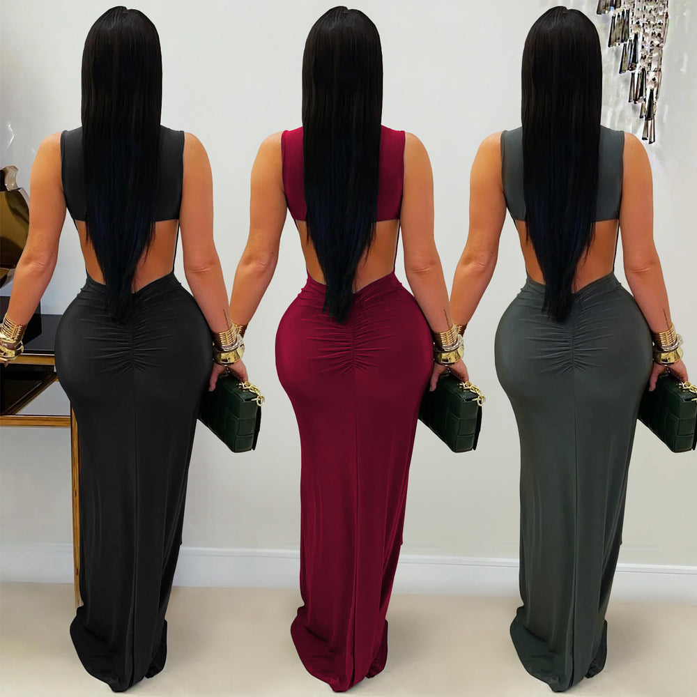 C7600 cross-border   fashion women's elegant solid color slim-fit backless dress