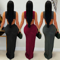 C7600 cross-border   fashion women's elegant solid color slim-fit backless dress