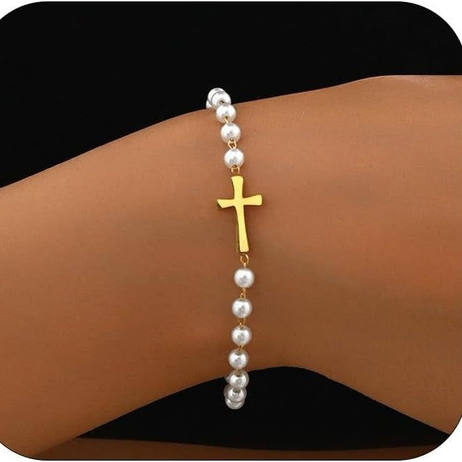 European and american cross-border new arrival: faux pearl beaded cross accent layered bracelet - stainless steel stackable jewelry accessory