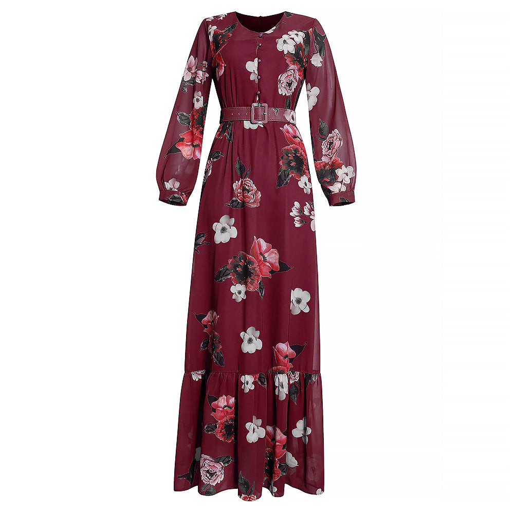 women's plus size cross-border e-commerce new v-neck long sleeve maxi chiffon african print dress with belt