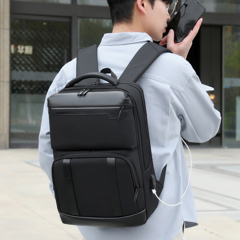 Cross-border large-capacity backpack computer bag, simple commuter business backpack, USB interface can be hung, tie rod business travel backpack