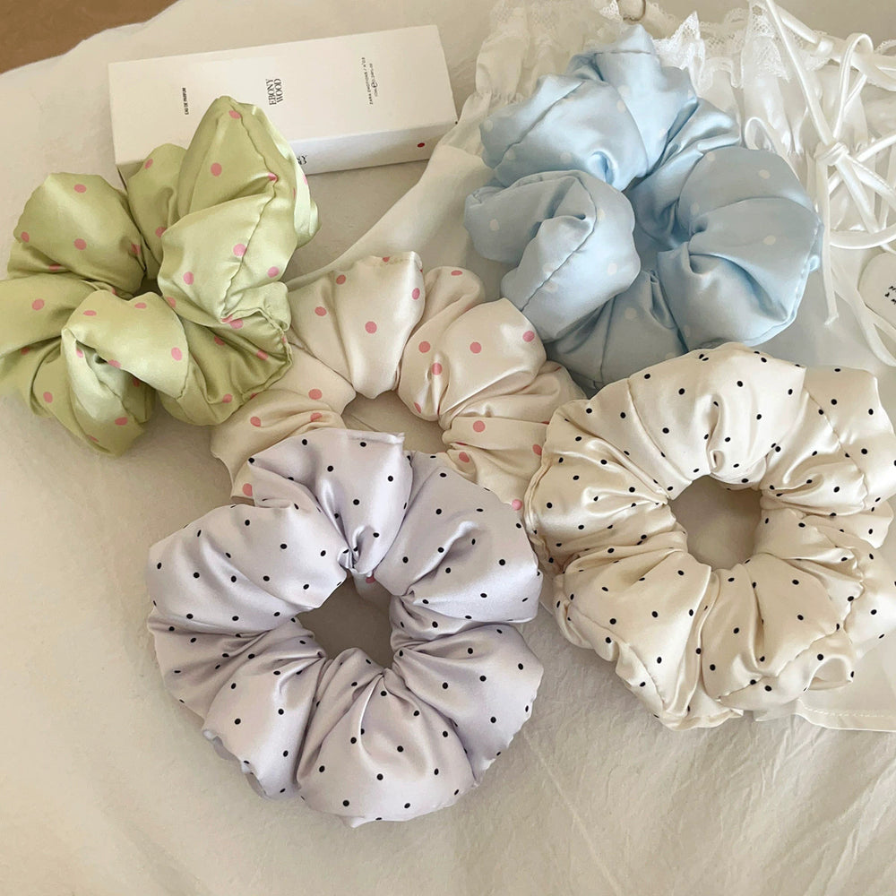Cream satin scrunchie hair tie - soft, padded, polka dot pillow hair band - sleep hair tie - elastic hair rope
