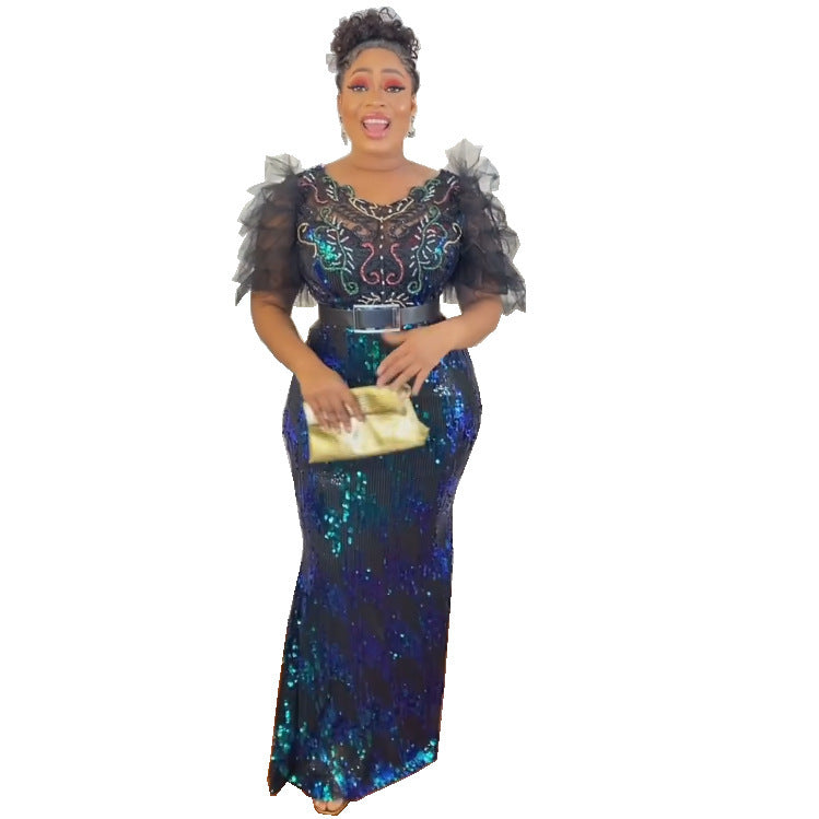 supply elastic sequin short-sleeved mermaid dress long skirt evening dress fashion african fashion women's clothing special price