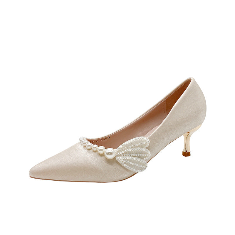 Pearl bridal high heels 2022 new pointed toe xiuhe dress wedding shoes for pregnant women, comfortable chinese style wedding shoes for women