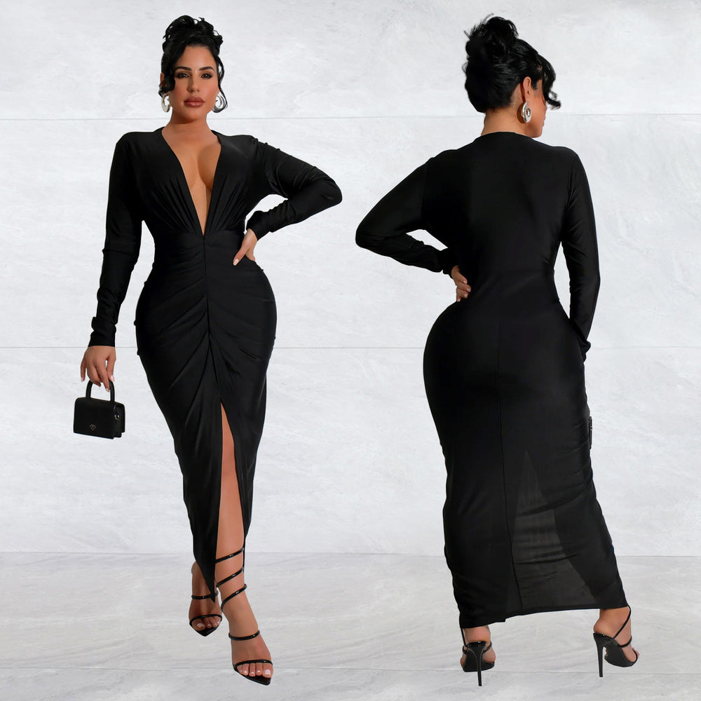 C7118 cross-border   fashion women's bodycon v-neck slit solid color dress - new arrival