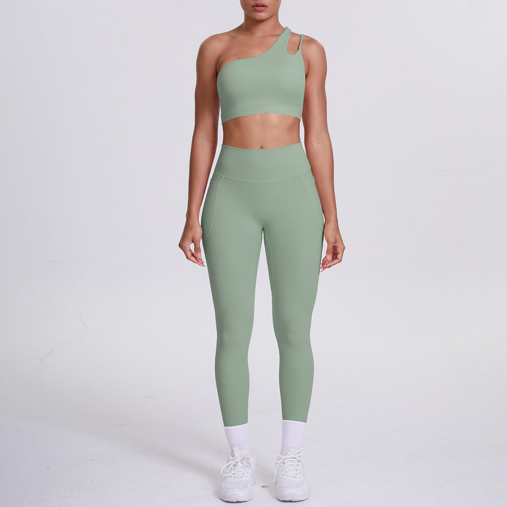 Cloud-feel one-shoulder backless sports bra set - high-waisted, butt-lifting, compression yoga outfit - quick-dry running & fitness set for women