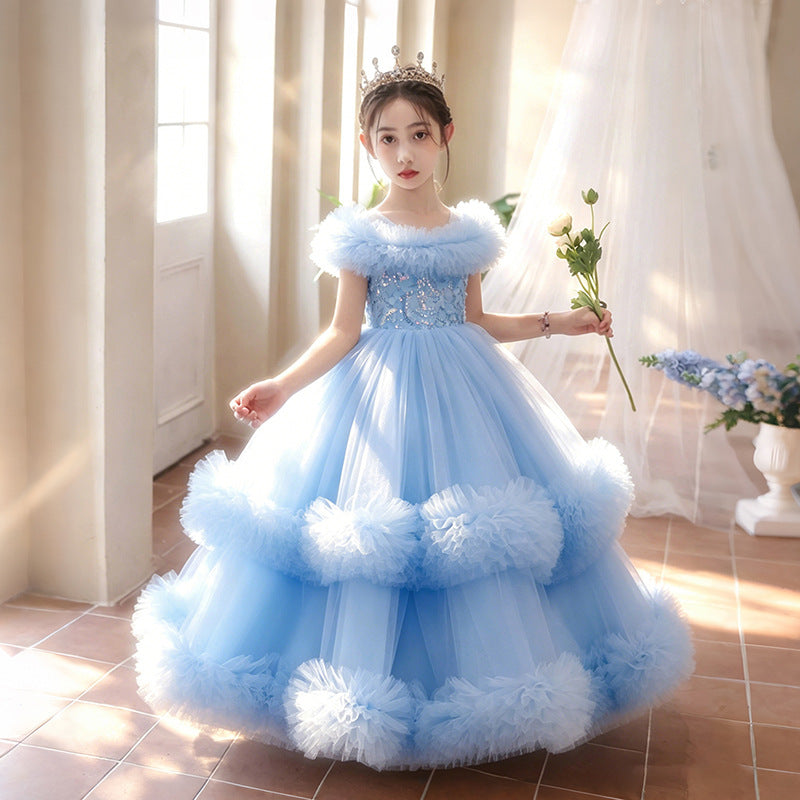 Girls' formal dress cake skirt fluffy ankle-length flower girl wedding dress runway one-shoulder children's princess gown gorgeous dress