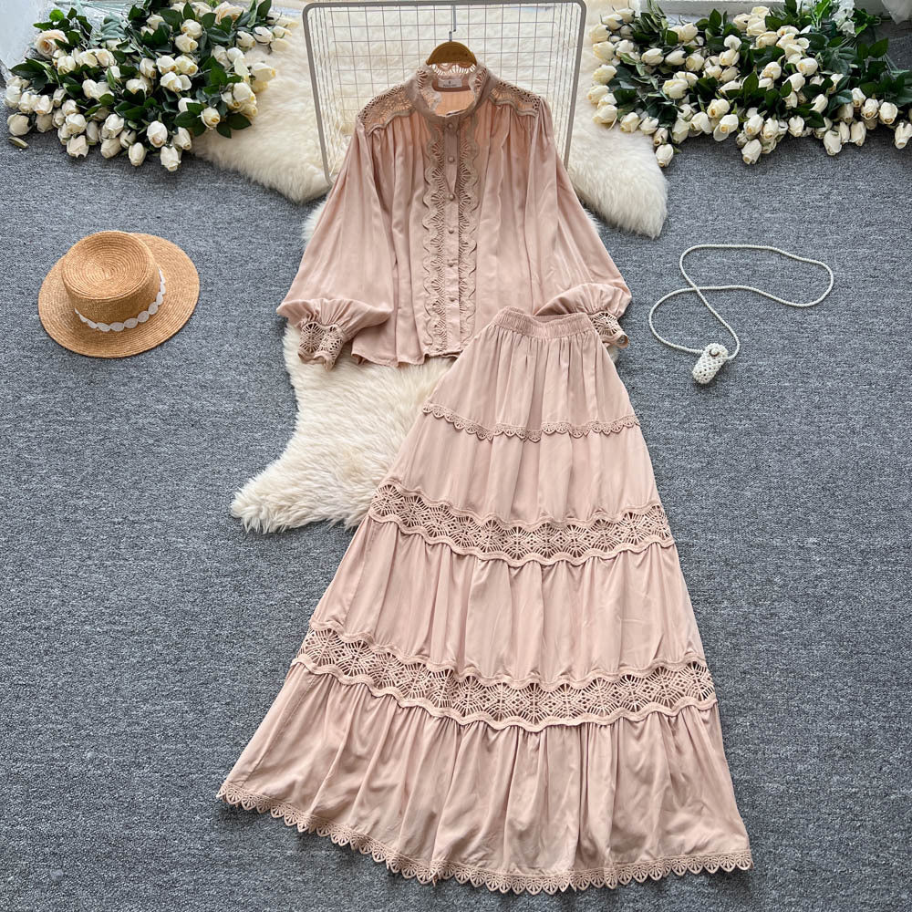 French court style two-piece set: women's high-end hollow-out lace patchwork lantern sleeve blouse and high-waisted flared midi skirt