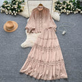 French court style two-piece set: women's high-end hollow-out lace patchwork lantern sleeve blouse and high-waisted flared midi skirt