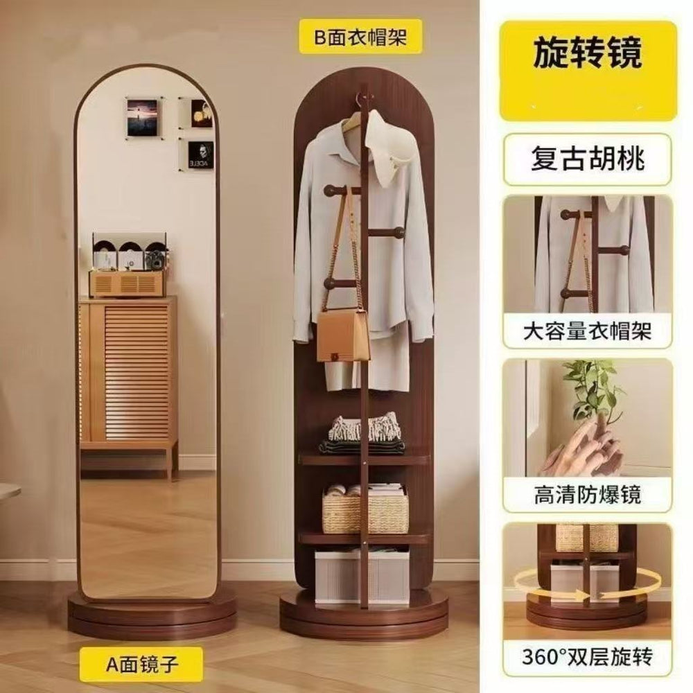 Rotating full-length mirror floor mirror for home bedroom movable try-on large mirror with coat rack all-in-one full-length mirror