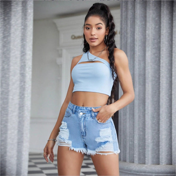 TC70160 #European and American   Women's Shaved Shorts Light Blue Jeans