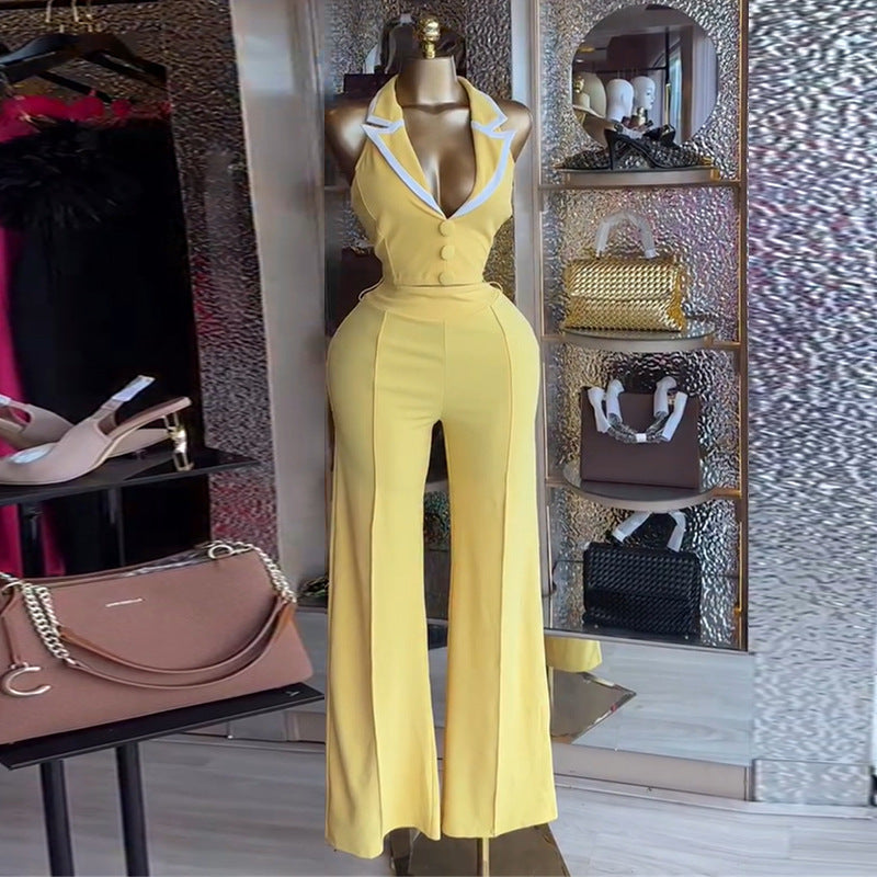 European and american women's clothing  autumn new collection: sweet and fresh sleeveless vest with suit collar and high-waisted straight-leg pants two-piece set