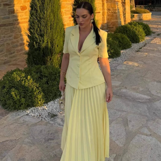 Cross-border European and American women's clothing suit collar solid color cardigan shirt pleated skirt women's  foreign style fashion suit women