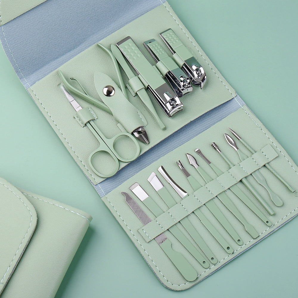 Matcha green dropshipping pedicure knife manicure tool stainless steel nail scissors suit 16-piece beauty pliers manicure full set