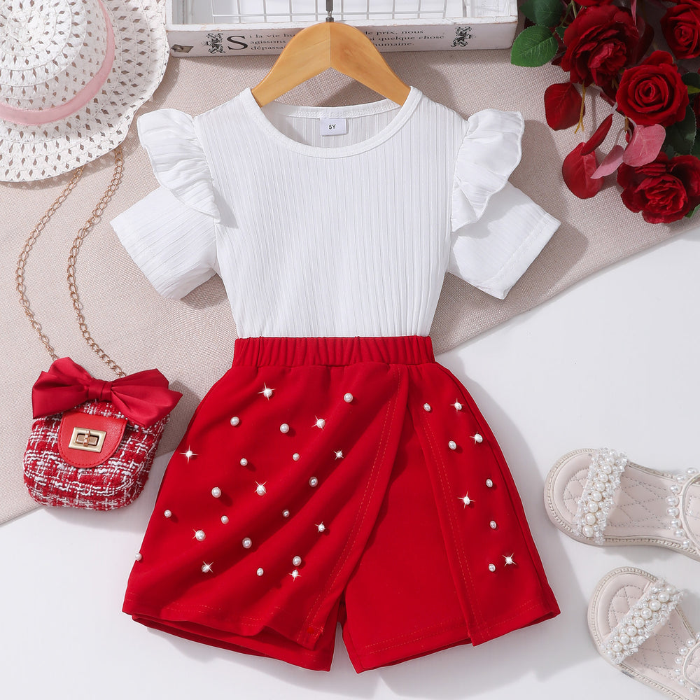 Girls' two-piece outfit: short-sleeve crewneck ribbed top + beaded culottes set