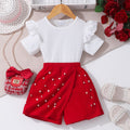 Girls' two-piece outfit: short-sleeve crewneck ribbed top + beaded culottes set