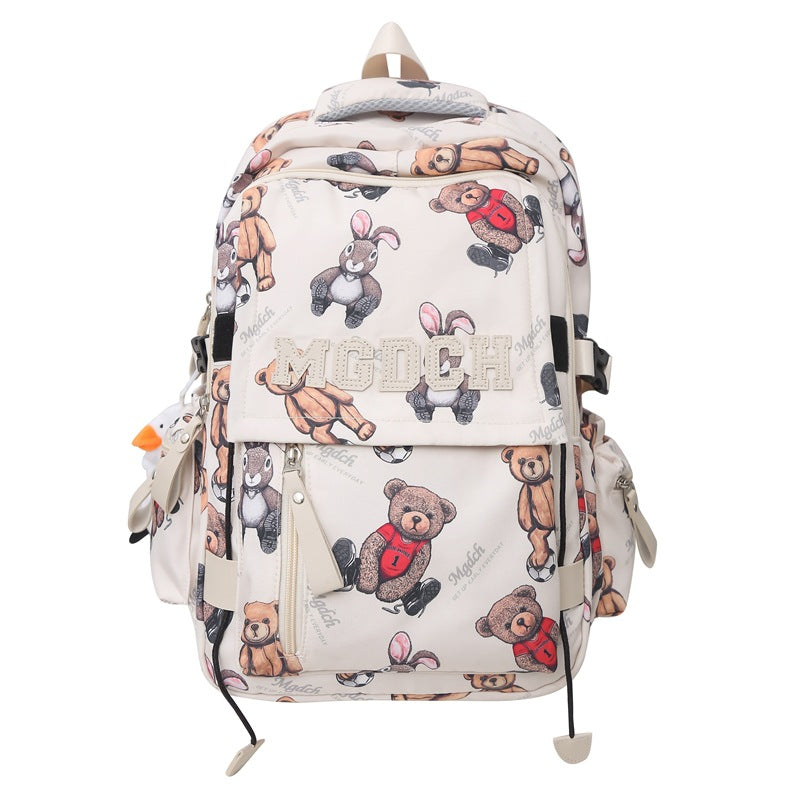New schoolbag for female junior high school students, simple printed bear, large-capacity backpack, trendy college student couple computer bag