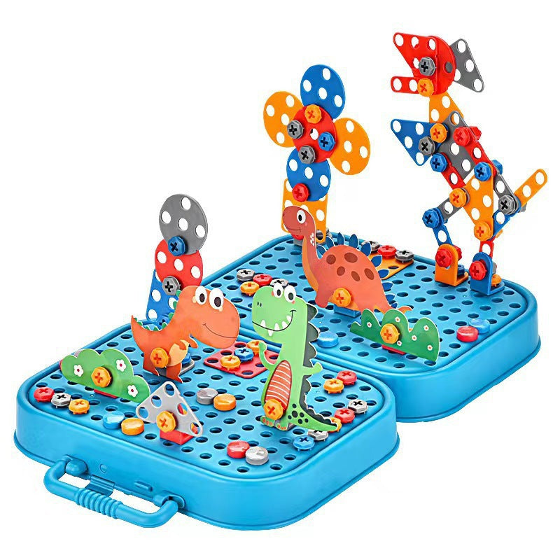 Cross-border export children's electric drill building block screws toolbox toys electric DIY dismantling dinosaur unicorn puzzle