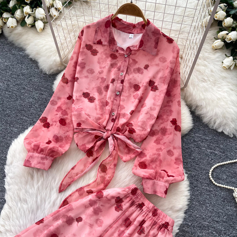 French romantic pink floral print blouse and midi skirt two-piece set - women's autumn commute outfit with tie waist, slimming and elegant