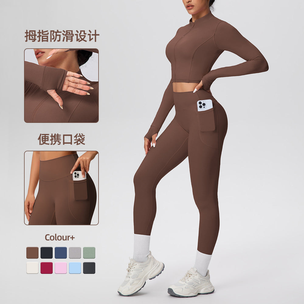 Ready-to-ship cross-border solid color brushed micro-fleece short jacket & leggings set - tight fit, pocketed, perfect for running, fitness, and yoga