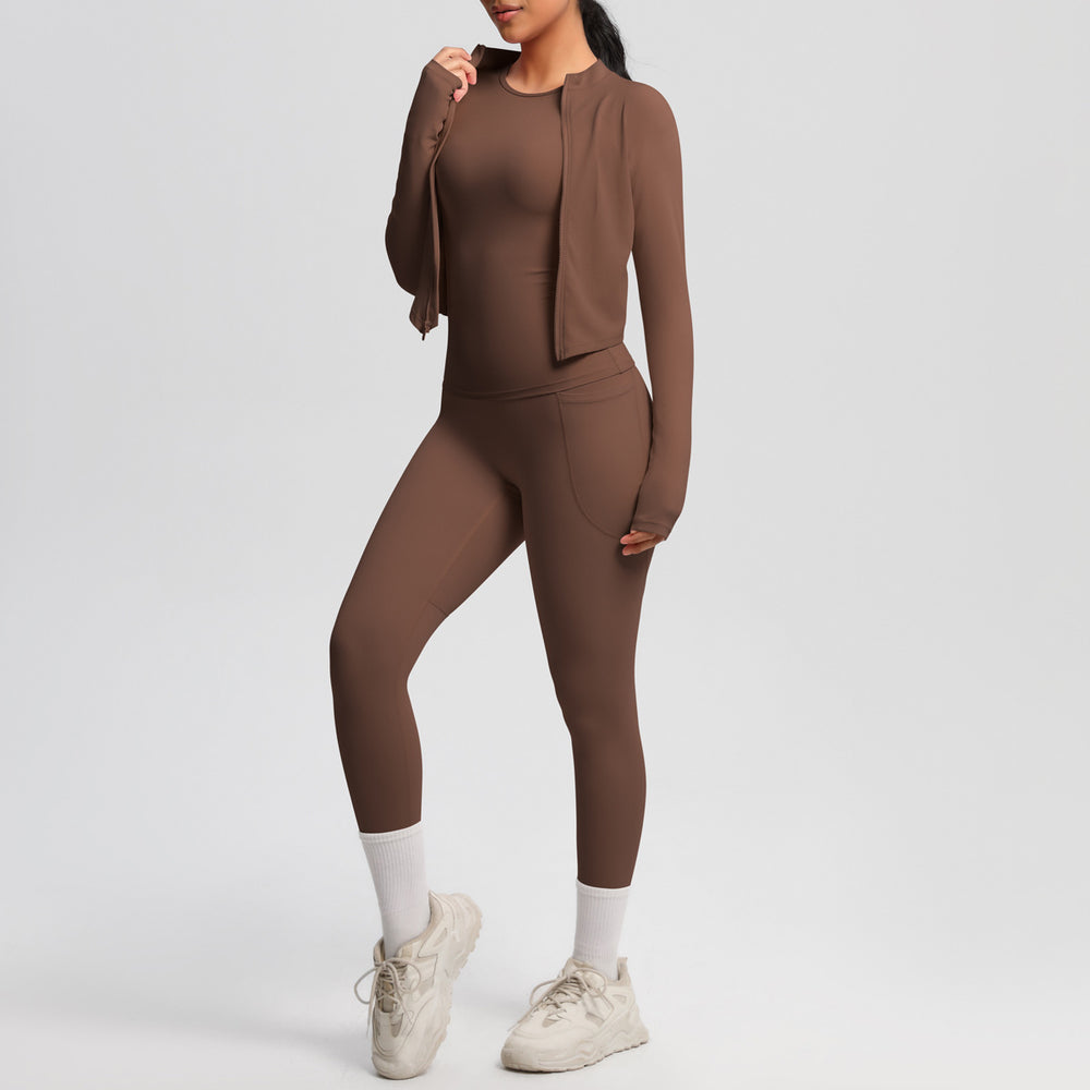 new cloud-soft brushed long-sleeve athletic zip-up jacket casual running butt-lifting fitness yoga three-piece set