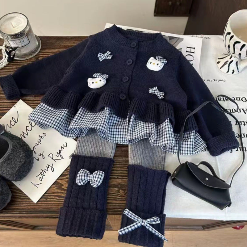 Korean style girls' clothing  new autumn collection: preppy plaid cardigan sweater with bow detail and scrunch socks/leggings set