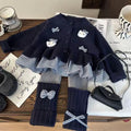 Korean style girls' clothing  new autumn collection: preppy plaid cardigan sweater with bow detail and scrunch socks/leggings set