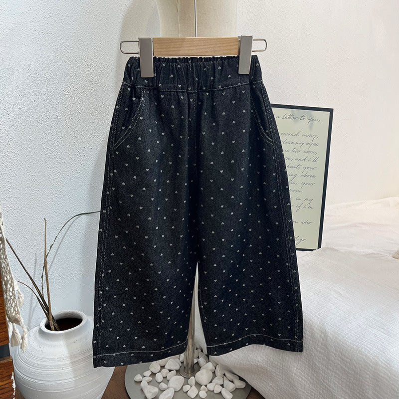 Girls' korean style spring/autumn fashion all-over heart print denim jeans - versatile, stylish, and trendy casual pants for baby girls
