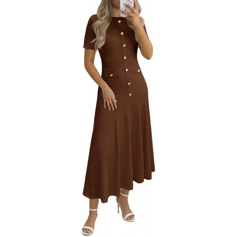 Amazon sweet & spicy  summer casual short-sleeve crew neck versatile button-up textured slim-fit midi dress