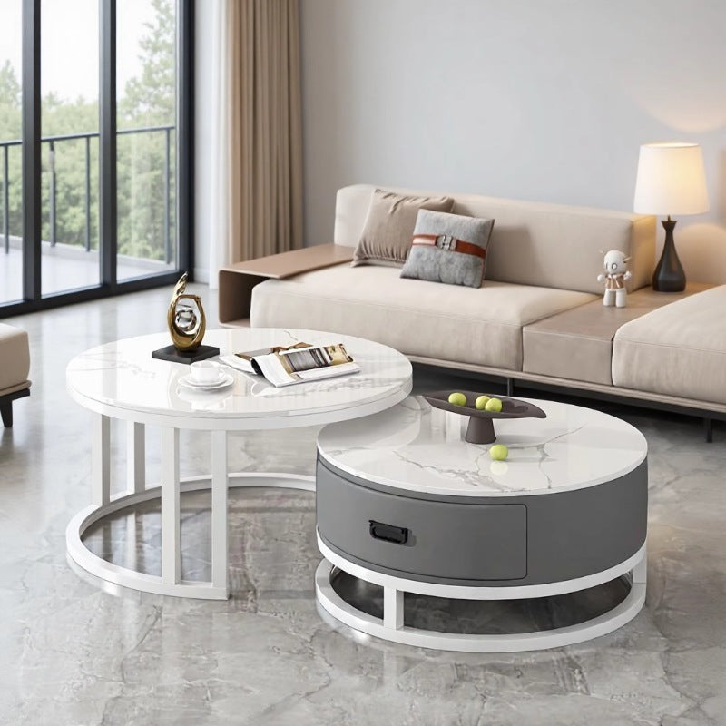 Italian round rock slab high-end tea table, small apartment coffee table, living room home modern minimalist light luxury table set