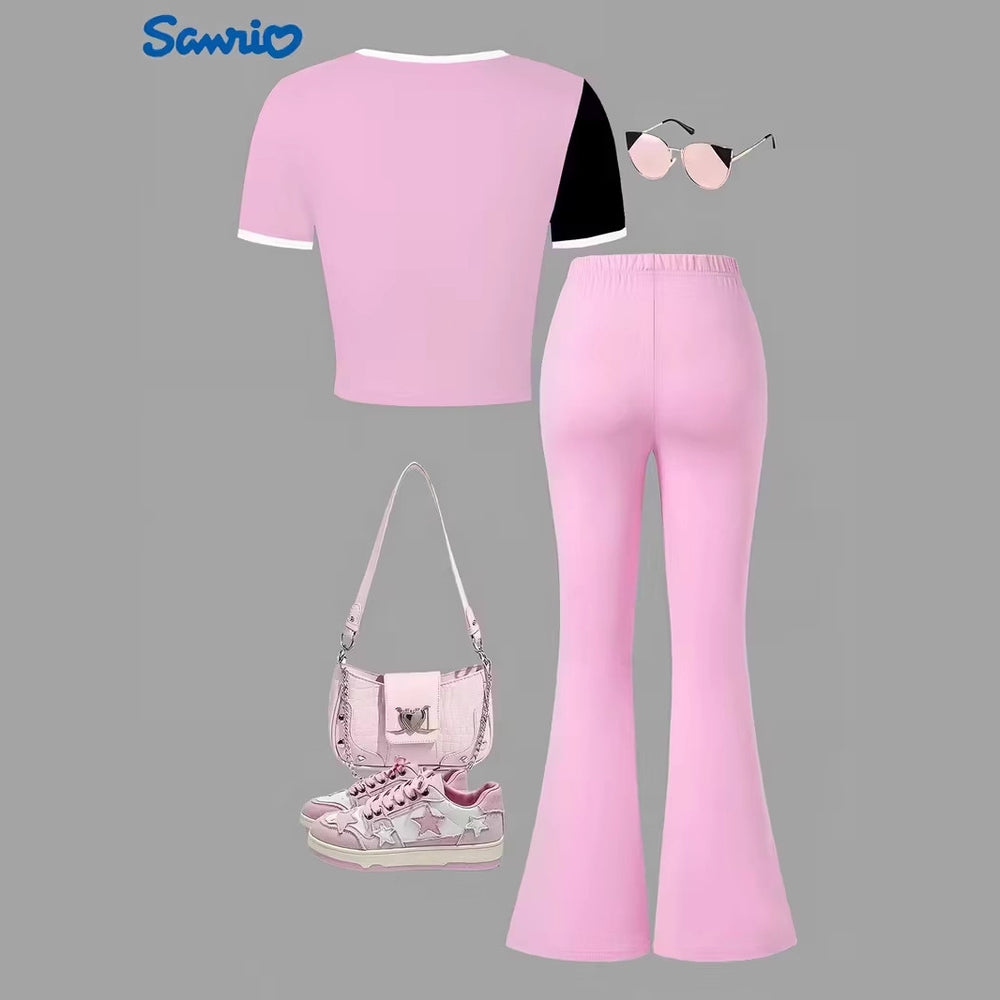 wholesale girls' flared pants set, fashionable spring, summer, and autumn sanrio short-sleeved long flared pants set for girls