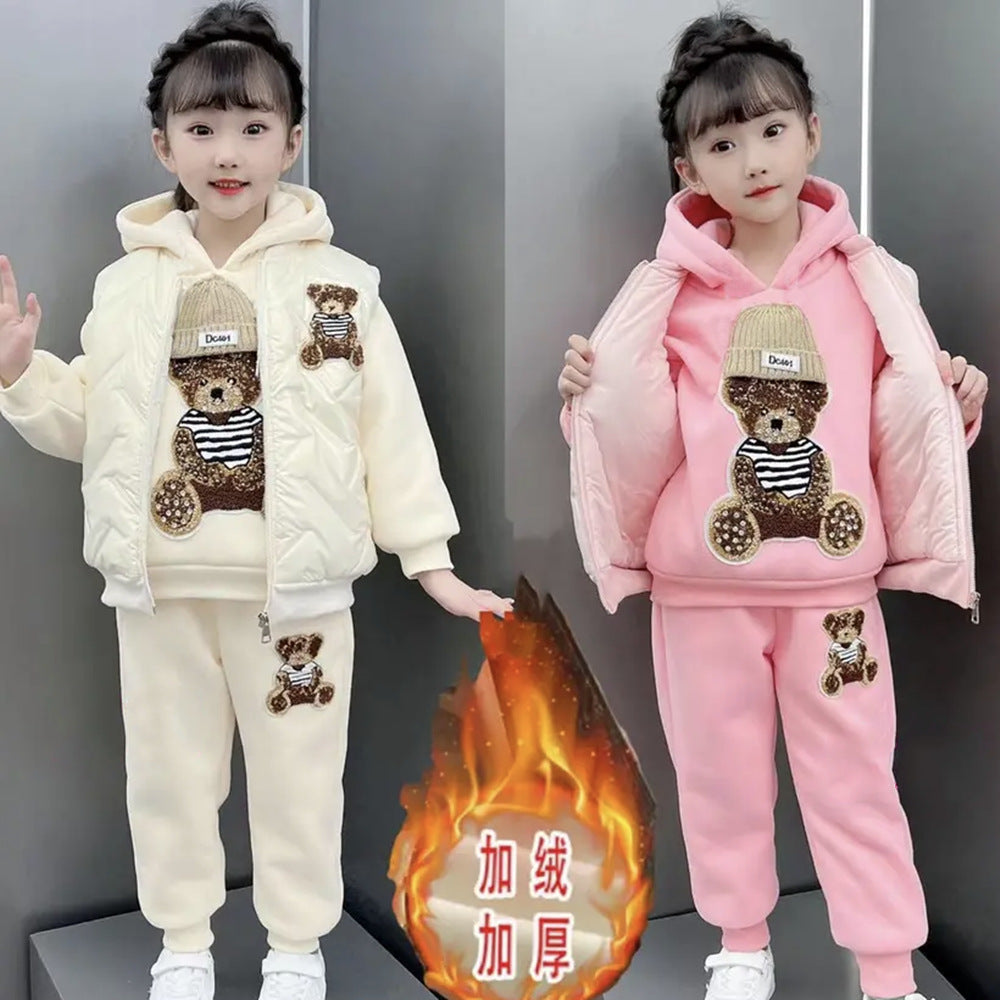 Girls' fall/winter outfit set : stylish, fleece-lined, thickened kids' winter sweatshirt and vest three-piece set