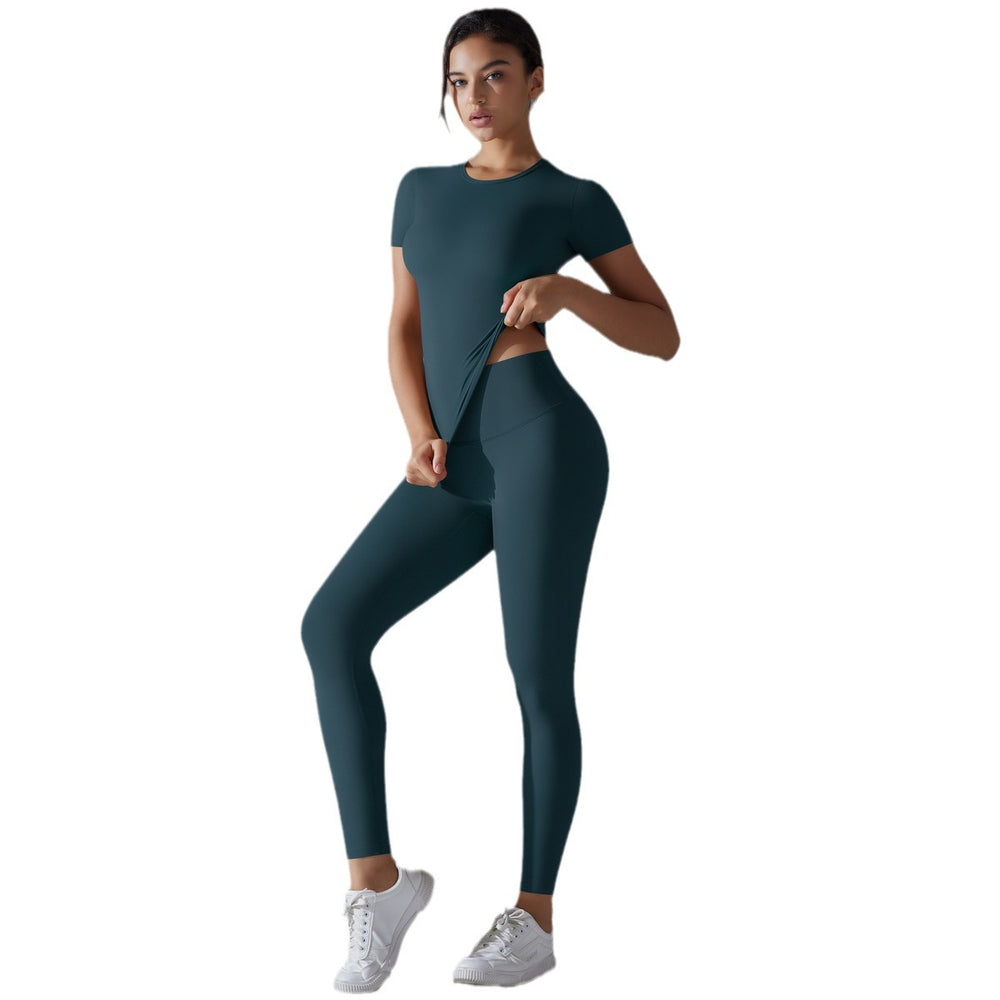 new nude feel compression short-sleeve yoga set - high-waisted, butt-lifting, quick-dry running & fitness activewear two-piece